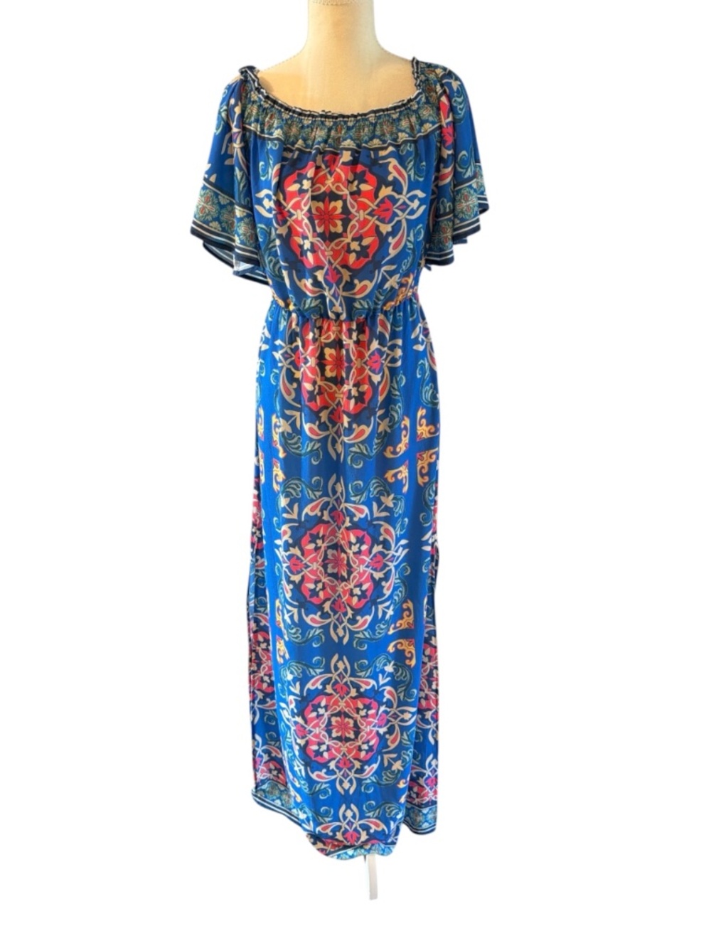 Flying Tomato Boho Mediterranean Tile Print Maxi Dress Size L